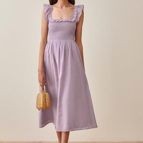 2021 summer French solid color small square collar lotus leaf edge small flying sleeves loose waist dress DLQZ1164