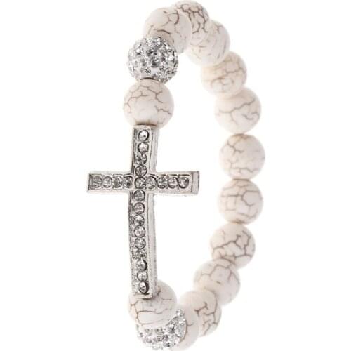 2021 Beading Bracelet White Stone Rhinestone Bangle Elastic Natural Stones Beads Charms Men Women Jewelry Cross Pendant Party