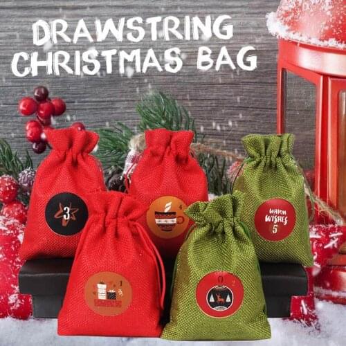24PCS Drawstring Christmas Sticker Bag Advent Calendar 24Days Hanging Candy with DIY Sacks Reusable Xmas Countdown Decorations