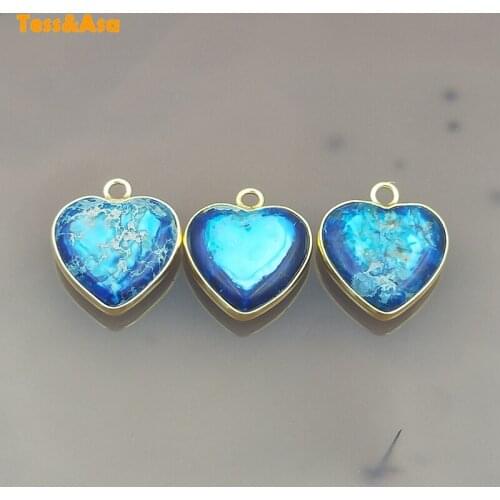 3Pcs Natural Emperor Stone heart Shape Slice Slab Connector Pendant Necklace Beads Sea Sediment Imperial Jasper Gold Plated Edge
