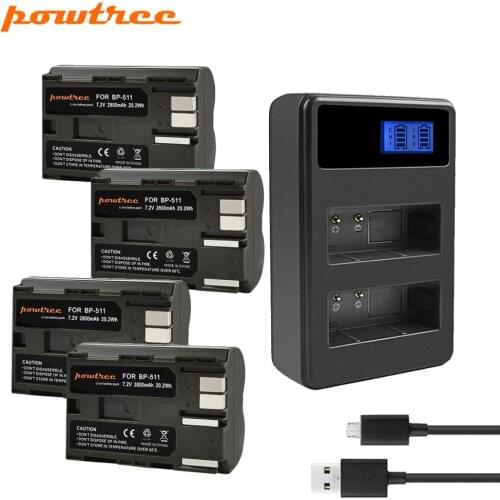 Powtree 2800mAh BP-511 BP-511A BP 511A Camera Battery + LCD USB Charger BP511 For Canon EOS 40D 300D 5D 20D 30D 50D 10D G6