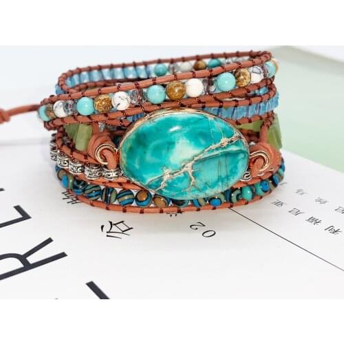Imperial Stone Bracelet Leather Wrap Bracelet Natural Stone Beaded 5X Layers Statement Art Bracelet Christmas Jewelry Gifts