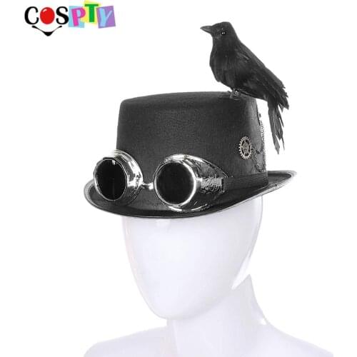 Cospty Halloween Party Vintage Steam Punk Cosplay Crow Black Raven steampunk goggles hats for Men