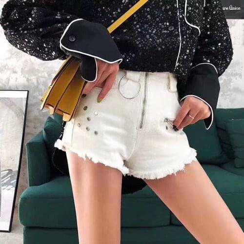 Denim shorts Internet celebrities pure color metal beading cotton denim shorts female chic high waist lace up denim shorts F1525