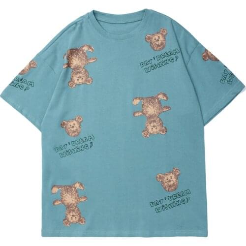 Hip Hop T-Shirt Men Streetwear Bear Full Print Cotton Harajuku Tshirt 2021 Summer Short Sleeve Shirt Loose Casual Tops Tees Blue