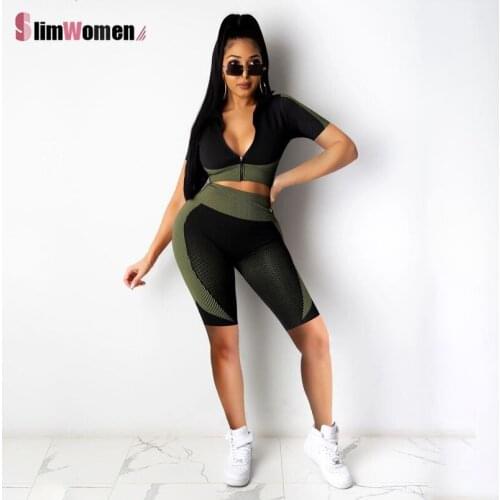 2 Piece Gym Outfits Seamless Zipper Jacket Shorts Set Women Workout Sportswear Clothing Fitness Sports Suits Tights Track Set