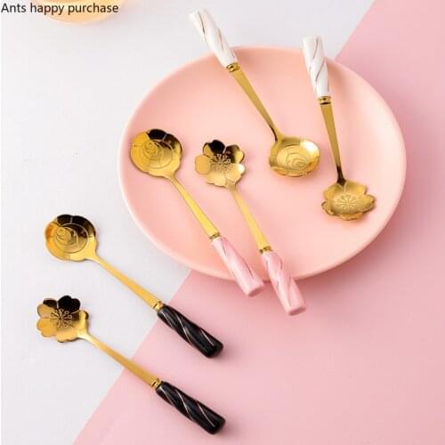 Nordic Stainless Steel Metal Dessert Spoon Ceramic Handle Ice Cream Ice Cream Spoon Golden Coffee Milk Mixing Spoon Kitchen Tool