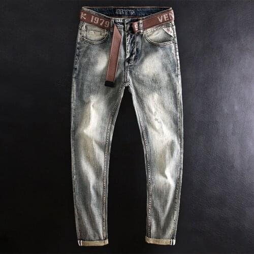 Korean Style Fashion Men Jeans Retro Distressed Elastic Slim Fit Ripped Jeans Men Vintage Designer Casual Denim Pencil Pants