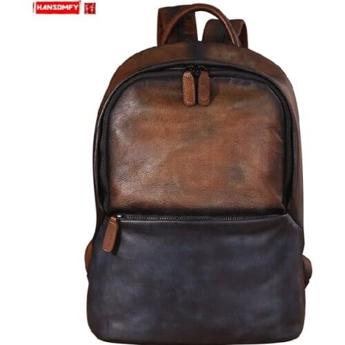 Genuine Leather Travel Backpack Shoulder Bag Cowhide Men Backpack Laptop Bag Mens Retro Hit Color School Bag New Casual Dig Bag