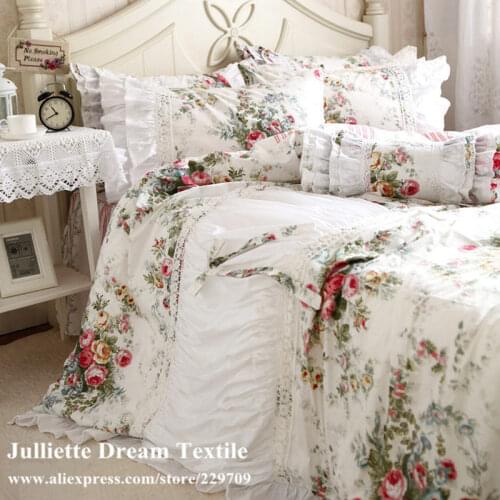 New pastorale ruffle lace bedding set elegant princess bedding matching duvet cover flower printed bedspread emboridery bedsheet