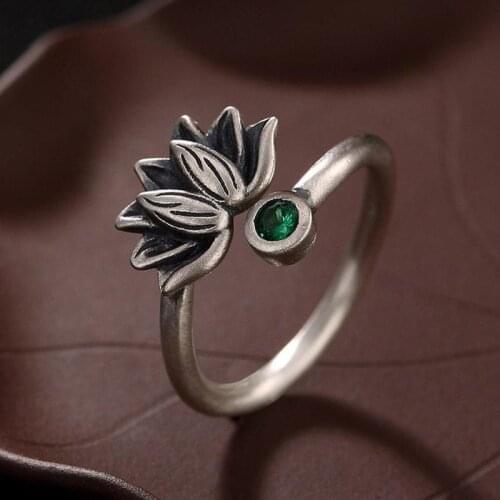 Original design lotus Thai silver retro opening adjustable ring Chinese palace bohemian charm womens brand jewelry