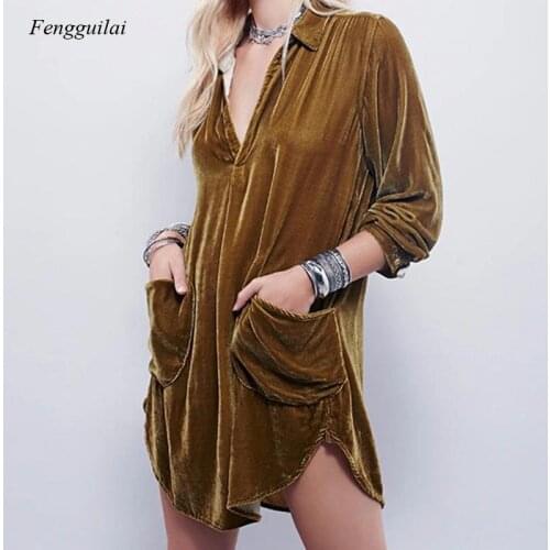 Autumn V-Neck Long Sleeve Shirt Dress Fashion Womens Loose Solid Color Mini Dress Elegant Ladies Pocket Party Dress