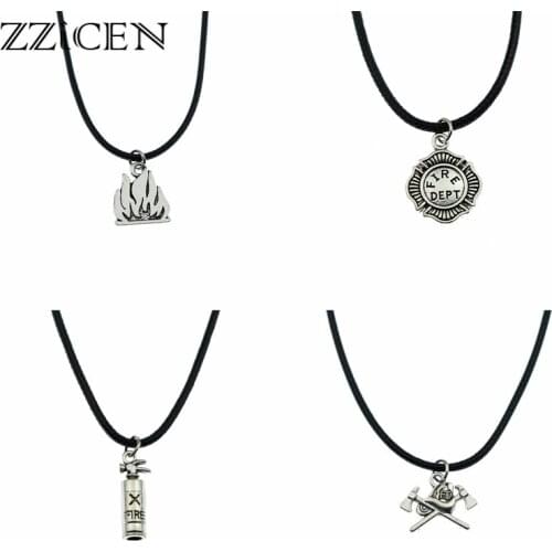 New Firefighter Collection Charms Antique Tone Fireman Fire Dept Flame Extinguisher Pendant Leather Necklace Gift Jewelry