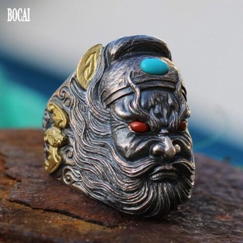 Thai silver Catching the ghost god s925 pure silver inlaid gems retro domineering man silver ring