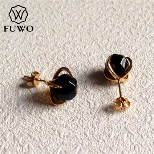 FUWO Natural Black Agates Stud Earrings 24K Gold Electroplated Elegant Minimalist Brass Claw Prong Semiprecious Jewelry ER002