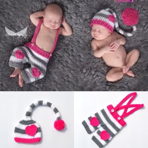Pink Crochet Knit Baby hat Long Tail Beanies and Handmade Stripe Toddler Trousers Set Newborn Photography Prop 0 - 9 Months