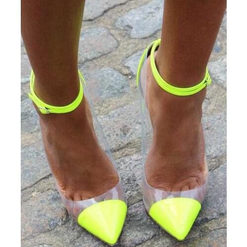 Ladies Fashion Neon High Heel Transparent PVC Patchwork Women Ankle Buckles Pumps Sexy Party Shoes Female Spring Dress Shoe