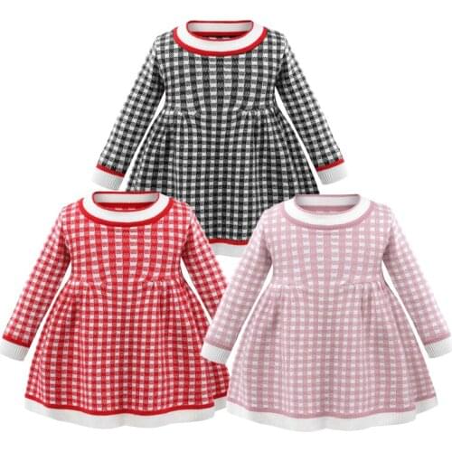 2021New Autumn winter Girls lattice Knitted Sweater Dress Girls Long Sleeve Ceremony Party Birthday Dress Children Clothing