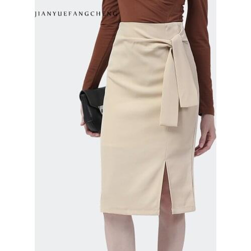 Mid-Length Khaki Lacing Pencil Skirt Women 2021 Autumn New Elegant High Waist Hem Slit Sexy Slim Office Ladies Wrapped Skirts