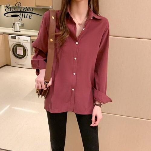 Long Sleeve Woman Shirt Solid Women Blouse 2021 Autumn and Winter Korean Tops Loose Wild POLO Collar Office Lady Clothes 10615