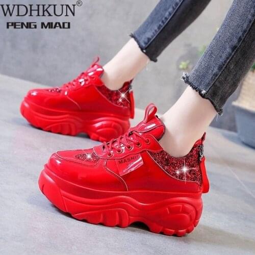 New Women Glitter Sneakers Casual Female Lace Up Zipper Platform Shoes Fashion Comfort Dad Chunky White Black Red