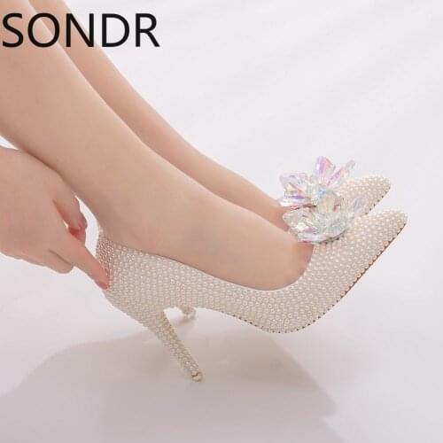 2021 New arrival 9cm sandals for women beige pearl high-heeled shoes with rhinestones stiletto heel large size pointed toe shoes