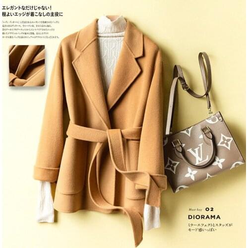 Women 2021 Autumn Winter Double-faced Cashmere Coat Female Long Sleeve Wool Overcoat Ladies Elegant Outerwear with Belt A327