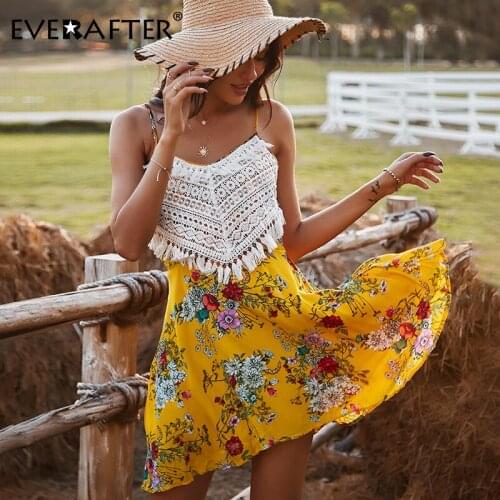 EVERAFTER Sexy Floral Print Embroidery Boho Dress Women Chic Tassel Beach Dress Summer Sleeveless Spaghetti Strap Midi Dresses
