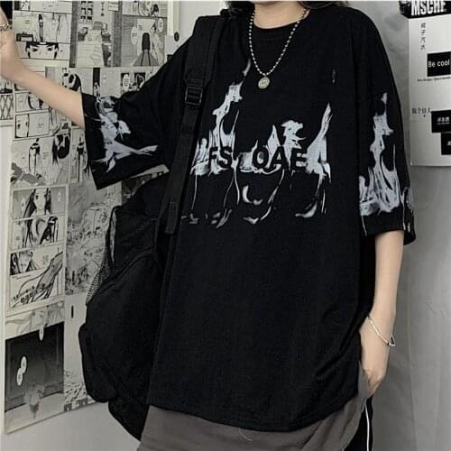 2021 Black Flame Tshirt Streetwear Oversize T Shirt Harajuku Cool Japan Cute T Shirt Female Casual Gothic Punk Funny Loose Tops