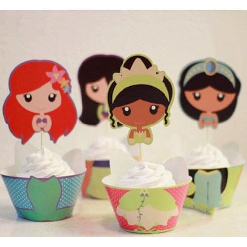 24pcs Disney Princess Cupcake Wrapper Toppers Kids Birthday Party Deco Supplies Ariel Jasmine Tiana Princess Cupcake Cases Liner