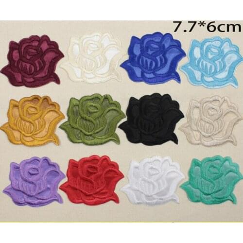 Free shipping 7.7*6cm Rose Embroidered Patches Sew /Iron-on Applique Patch for Clothes Stickers adhesive Repair patch