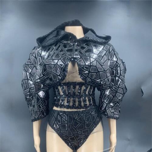 Shining Singer Costume Nightclub Lens Black Stretch Split Shorts Puff Sleeve Stage Wear Evening Party Rave Outfits XS1952