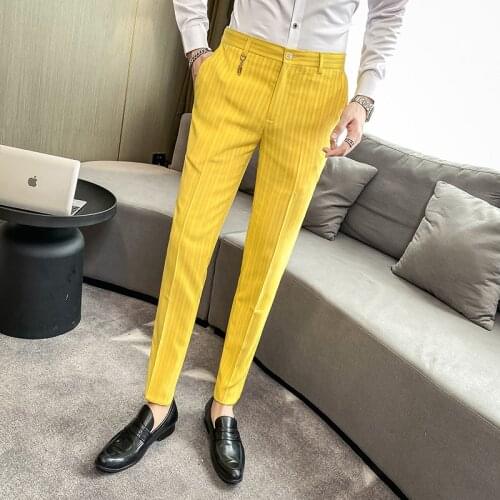 2021 New style Fashion Male autumn business stripe suit pants/Mens slim fit leisure Yellow pink Blazers Trousers 28-35