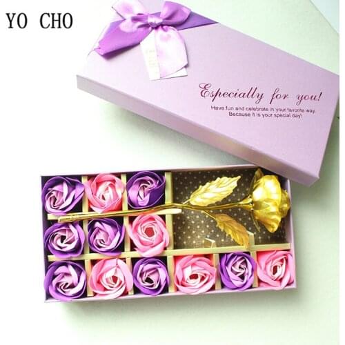 YO CHO Artificial Flowers 13pcs/Box Roses Real Touch Everlasting Flowers Red Gold Pink Wedding Valentines Day Gift Rose Flower