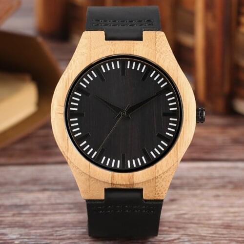 All-match Unisex Wooden Watch Simple Fashion Black Dial Genuine Leather Strap Sporty Men Women Wood Wristwatch Cool Bamboo Clock