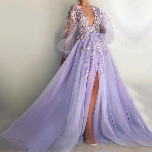 Lilac Long Tulle Flowers Prom Dresses 2020 Long Puffy Sleeve V Neck Appliques High Split Formal Evening Party Dress