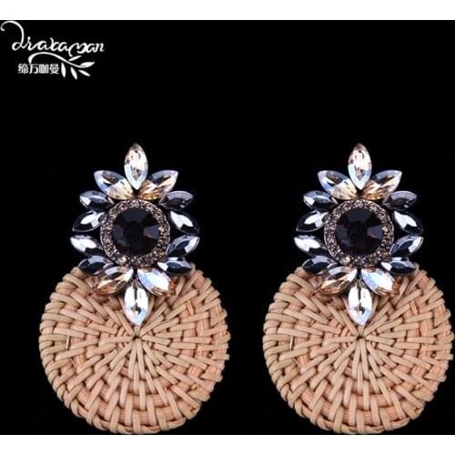 Dvacaman Bohemain Ethnic Crystal Drop Earrings Women Round Rattan Wooden Statement Earrings Valentines Day Gifts Jewelry AQ13