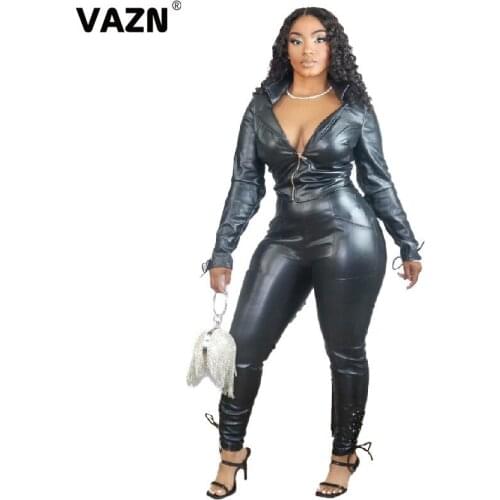 VAZN 2020 Autumn High-end Plus Size Leather Set Sweet Office Solid Full Sleeve Group Long Pants Slim Women 2 Piece Set