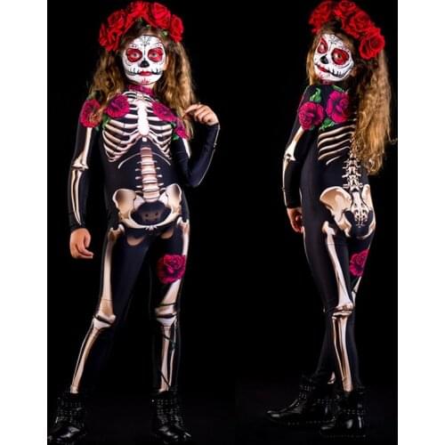 Adult Kid Mother Daughter Halloween Costumes for Women Skeleton Pink Rose Sexy Skull Scary Cosplay Suit Girl 3D Print Bodysuit