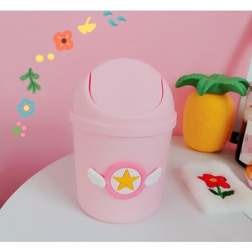 Creative Cartoon Card Captor Sakura Pink Kawaii Trash Can Mini Plastic Shake Cover Desktop Dustbin Girls Home Garbage Basket New