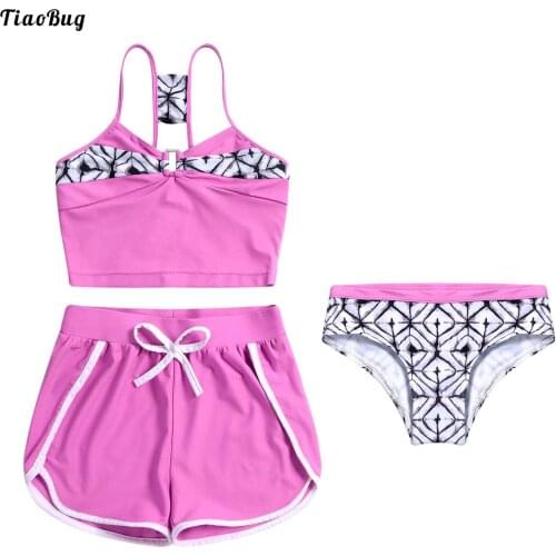 TiaoBug Summer Kids Girls 3Pcs Swimwear Sleeveless Cropped Tops With Shorts And Briefs Set Beach Bathing Pool Swimsuit Bikini