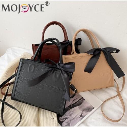 Fashion Exquisite Shopping Bag Ladies Retro PU Leather Ribbon Tote Bag Stone Pattern Solid Color Shoulder Bag