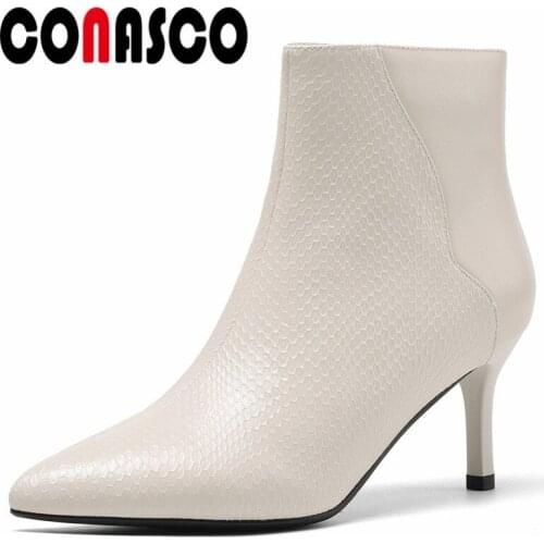 CONASC Sexy Women Ankle Boots Autumn Winter Warm Genuine Leather Causal Wedding Prom Office Lady High Heeled Shoes Woman