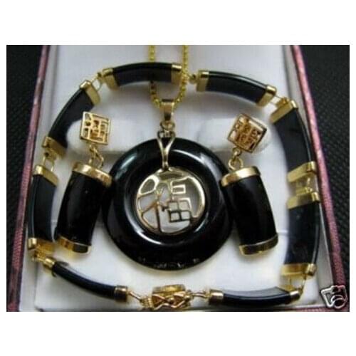 Fine Black jade pendant necklace bracelet earrings sets