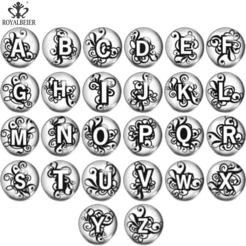 ROYALBEIER 26pcs/lot High Quality A-Z Letters Alphabet Snap Jewelry 18mm Glass Snap Button Fit Snap Bracelet Mixed Wholesale