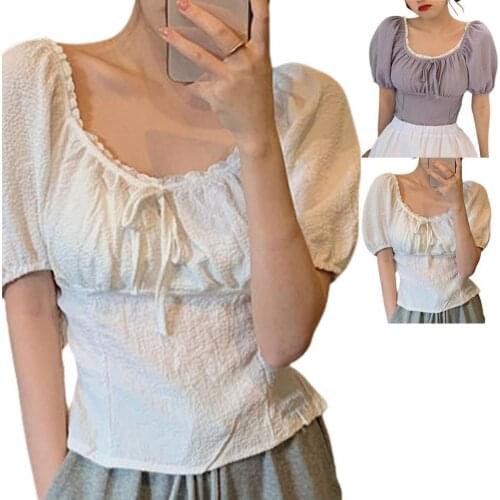 Shirt Tops Blouse T-shirt Lace Puff Sleeve Polyester Square Collar Blouse for Dating Pullover Sweatshirt Women Tops Pullovers