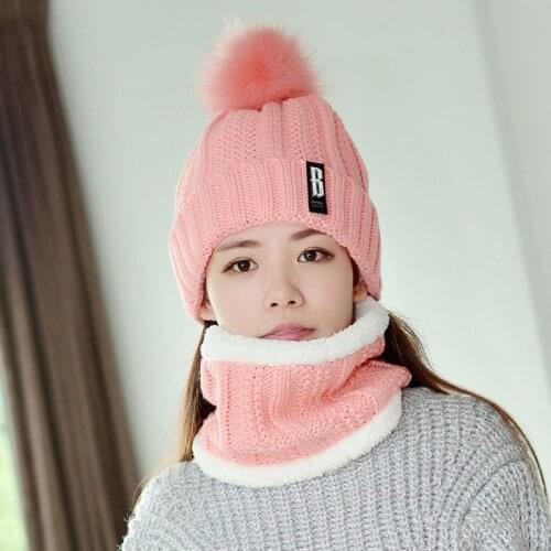 Women Winter Warm Beanie Hat Knitted Fleece Cap for Female Fur Pompom Hats Scarf Mask