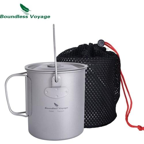 Boundless Voyage Outdoor Titanium Cup Mug Pot Spork Set with Lid Folding Handle Camping Hiking Picnic Ultralight Tableware 750ml