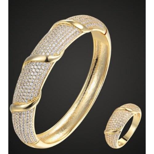 Zlxgirl high quality clear Cubic zircon bangle with ring copper jewelry set fashion women size copper pave setting bangle sets