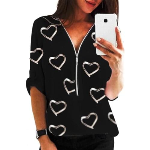 Women Blouse Gold Stamping Heart Print Long Sleeve V Neck T-shirt Pullover for Work